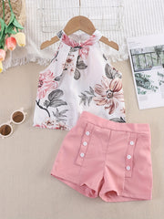 Toddler Girls Sleeveless Flowers Top & Shorts Set Kids Summer Clothes