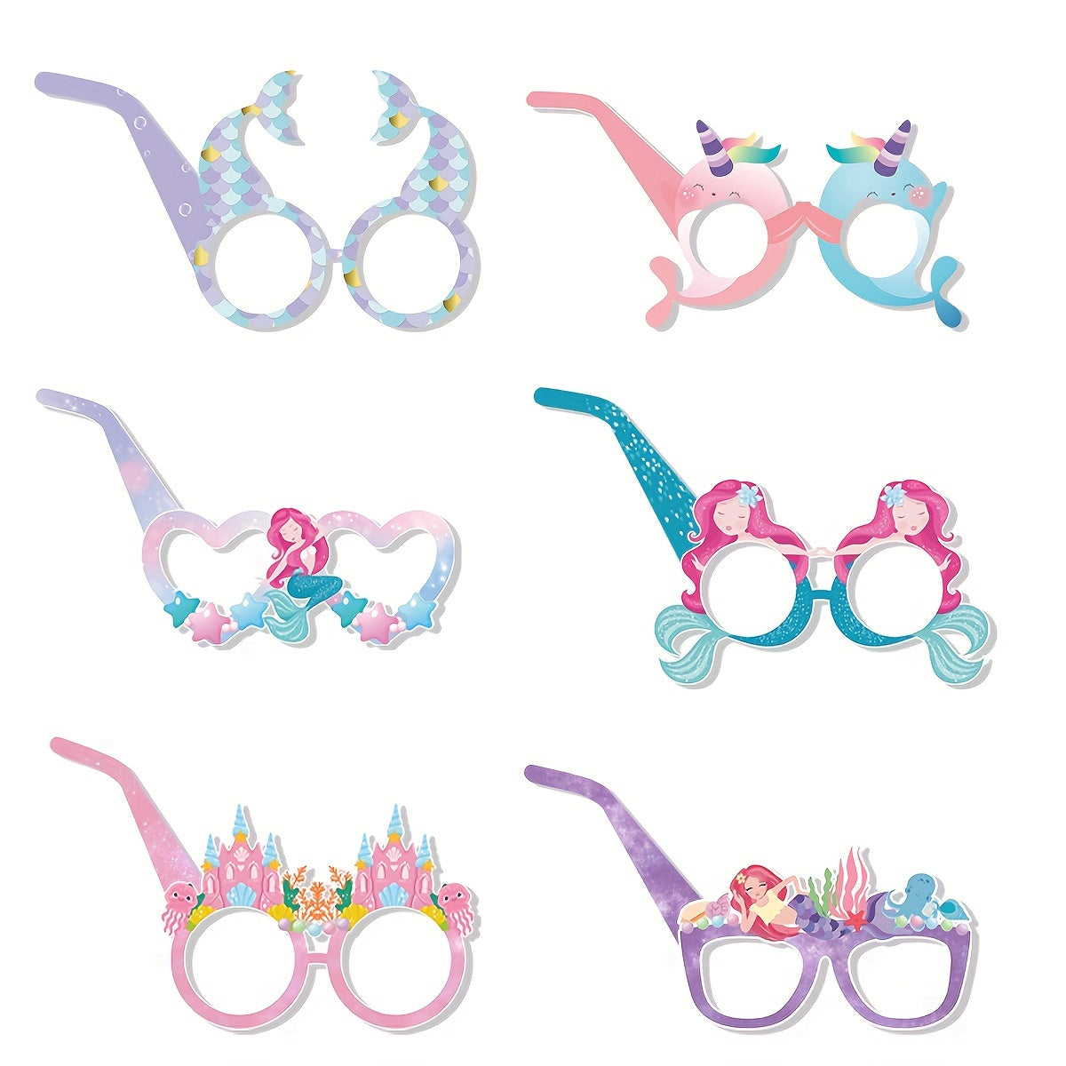 6 Pairs Birthday Party Paper Glasses Mermaid Castle Princess Unicorn Glasses