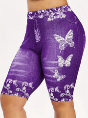 Denim & Butterfly Print Skinny Capris Leggings for Women