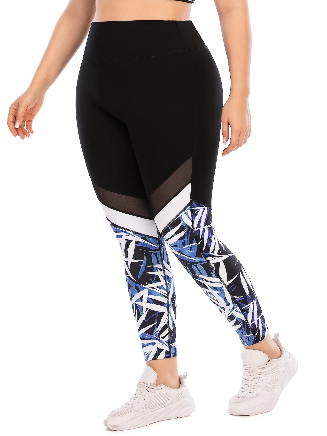Colorblock Random Print Yoga Sports Leggings Plus Size
