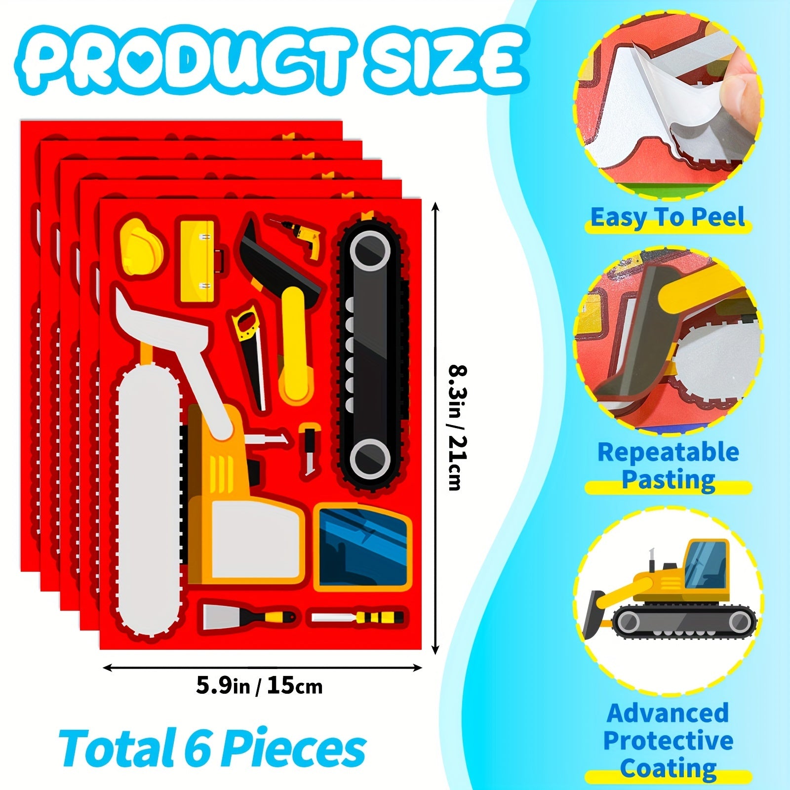 6 Sheets Excavator Theme Face Changing Stickers