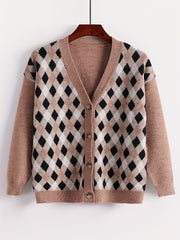 Colorblock Check Print Button Up V Neck Sweater Cardigan