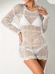 Hollow Out Cover Up Dress Long Sleeves Split Women's Swimwear