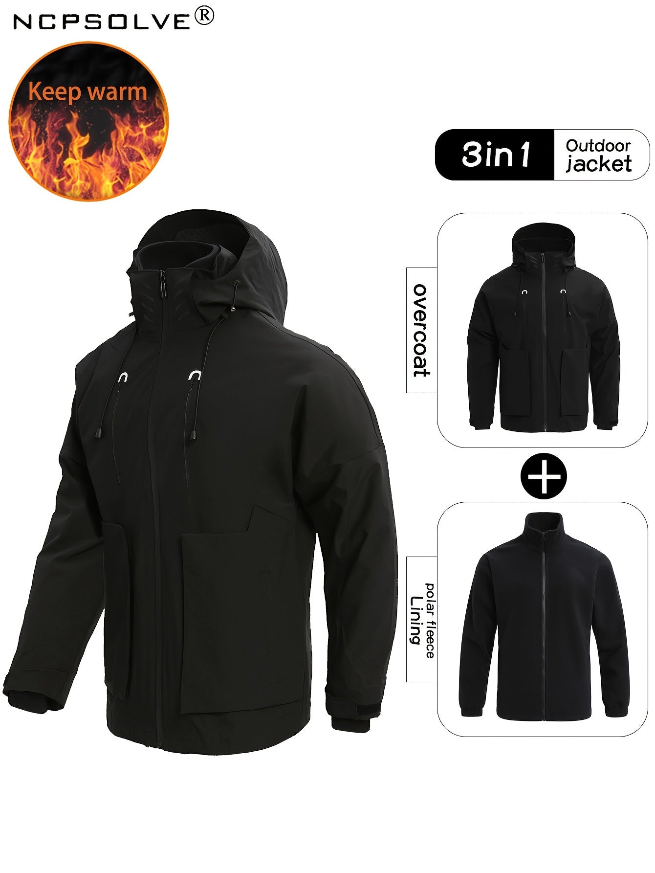 Men's 3 In 1 Outdoor Sports Hooded Jacket Waterproof Windproof Warm Hiking