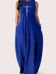 Art Letter Print Round Neck Tank Maxi Dress