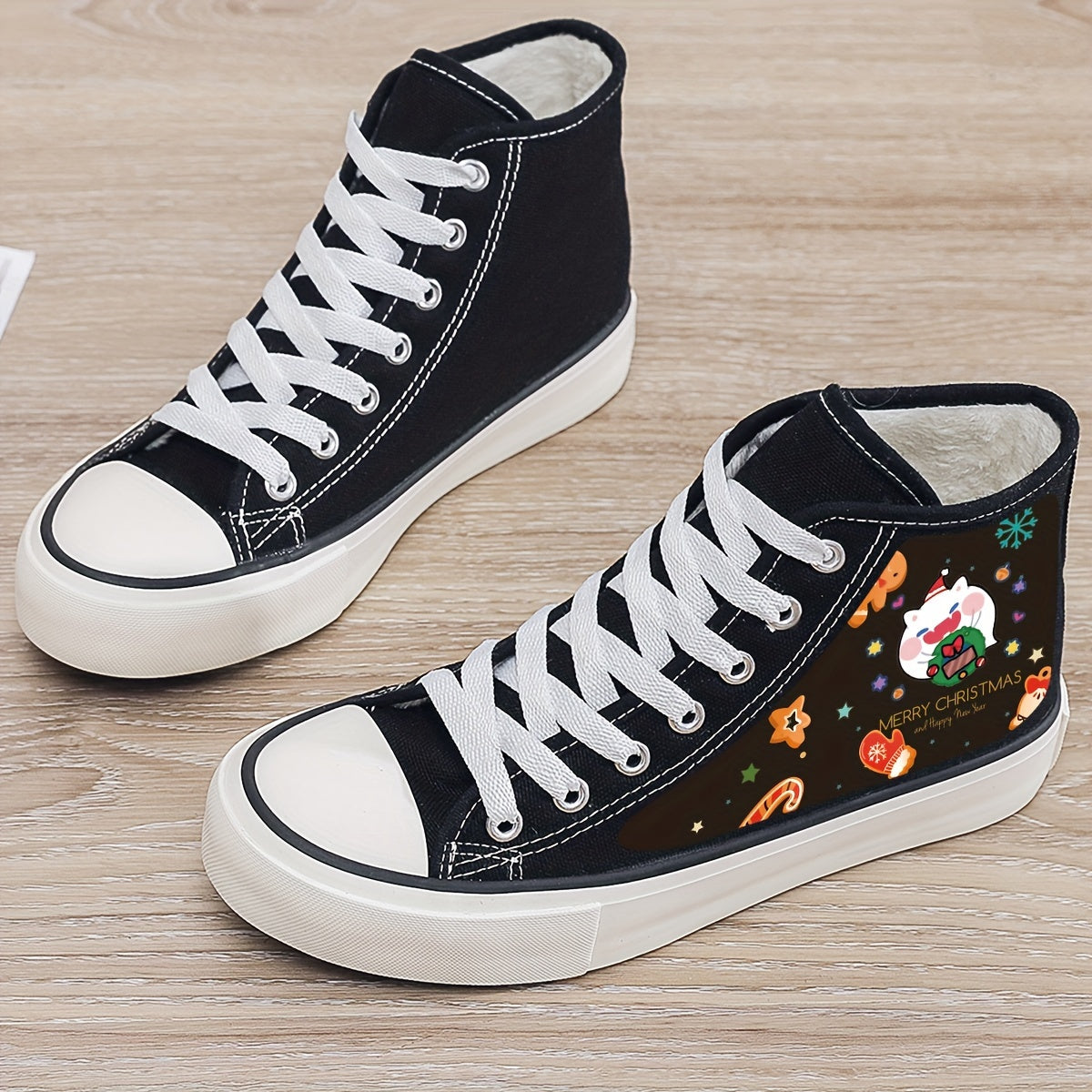 Christmas Cartoon Print Plush Lined Thermal Chunky Canvas Sneakers