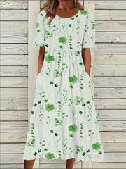 Leaf Print Short Sleeve Maxi Dress With Pockets