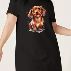 Cartoon Puppy Print Sleep Dress Short Sleeve
