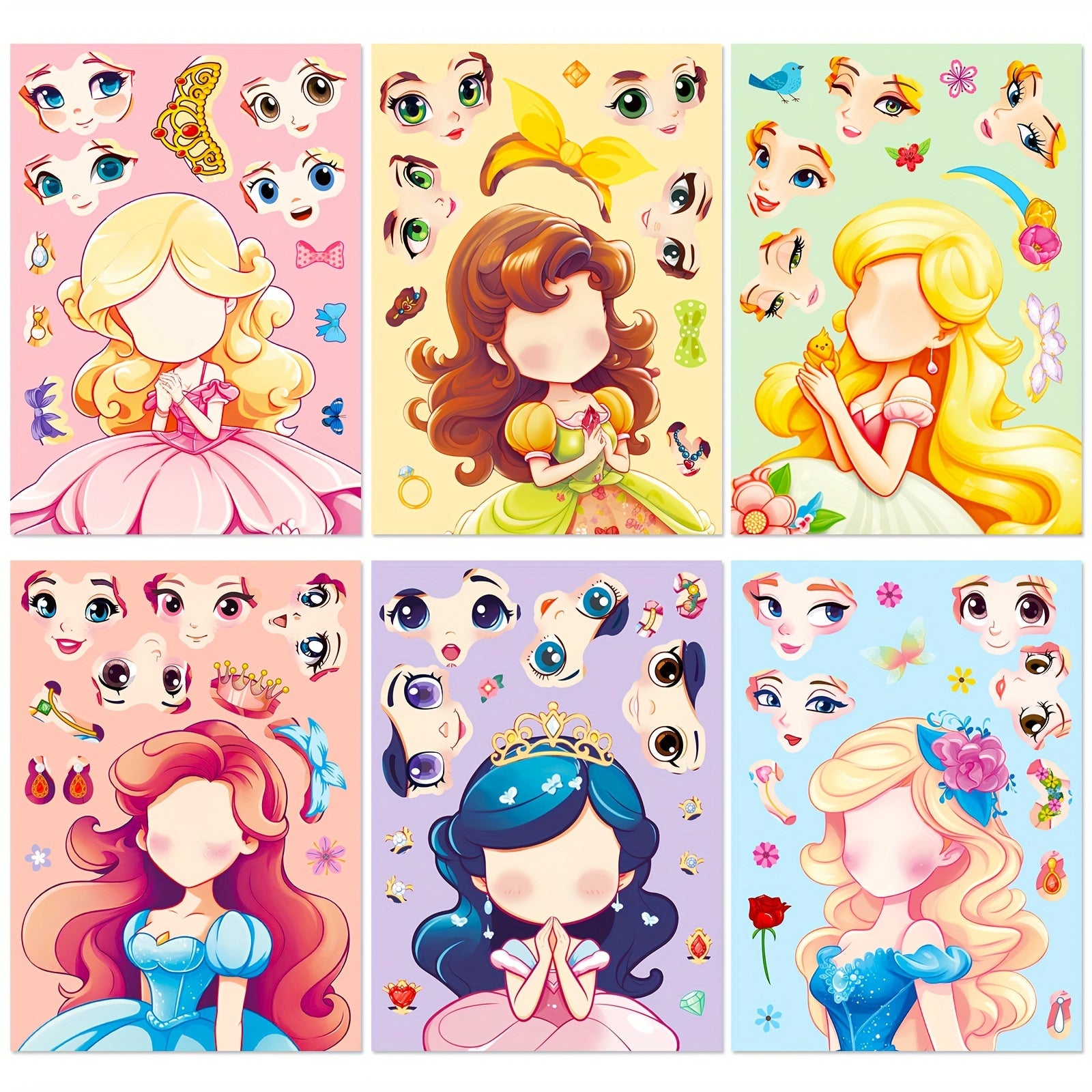 6pcs Princess Face Changing Stickers Cartoon Puzzle Stickers