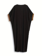 Golden Embroidered Batwing Sleeve V Neck Maxi Cover Up Dress
