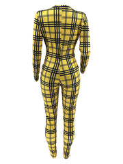 Plaid Skinny V Neck Jumpsuit Casual Long Sleeve Stretchy Jumpsuit