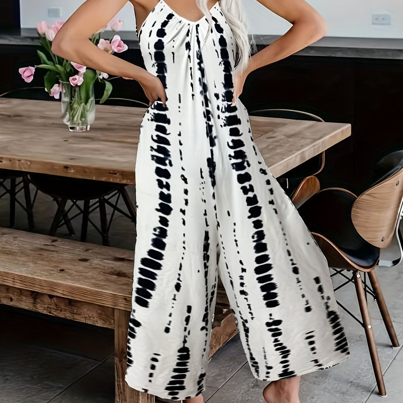 Tie Dye V Neck Jumpsuit Wide Leg