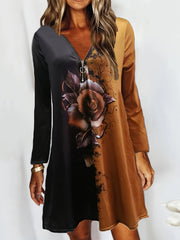 Floral Print Zip V Neck Dress Long Sleeve Casual Mini Dress