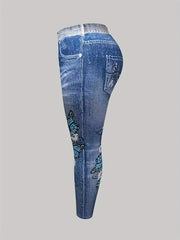 Denim & Butterfly Print High Rise Leggings
