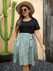 Colorblock Ditsy Floral Print Short Sleeve Dress