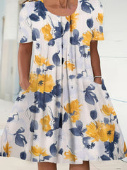 Floral Print Short Sleeve Round Neck Dress With Pockets