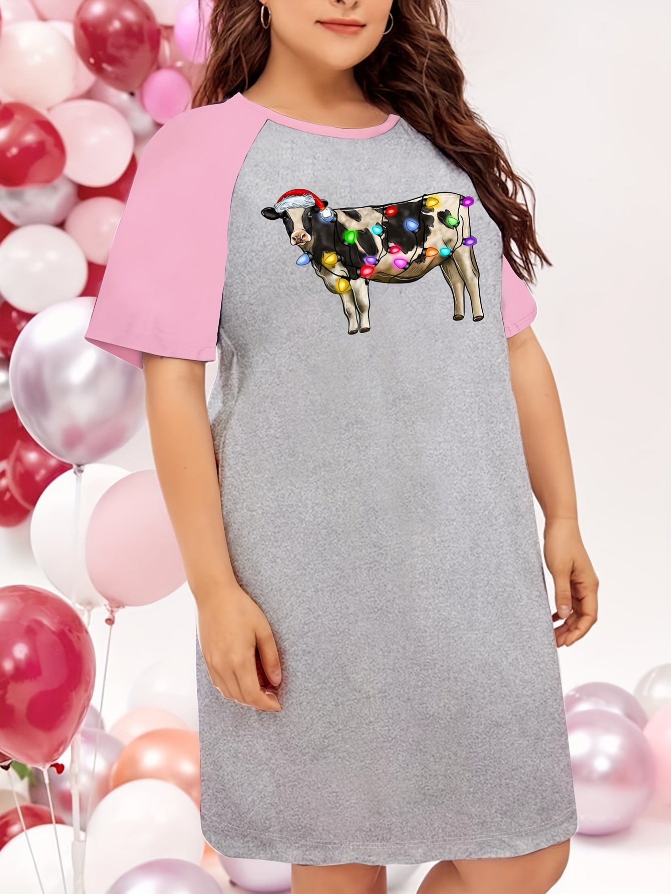 Christmas Nightdress String Lights & Cow Print Raglan Tee Sleep Dress