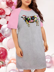 Christmas Nightdress String Lights & Cow Print Raglan Tee Sleep Dress