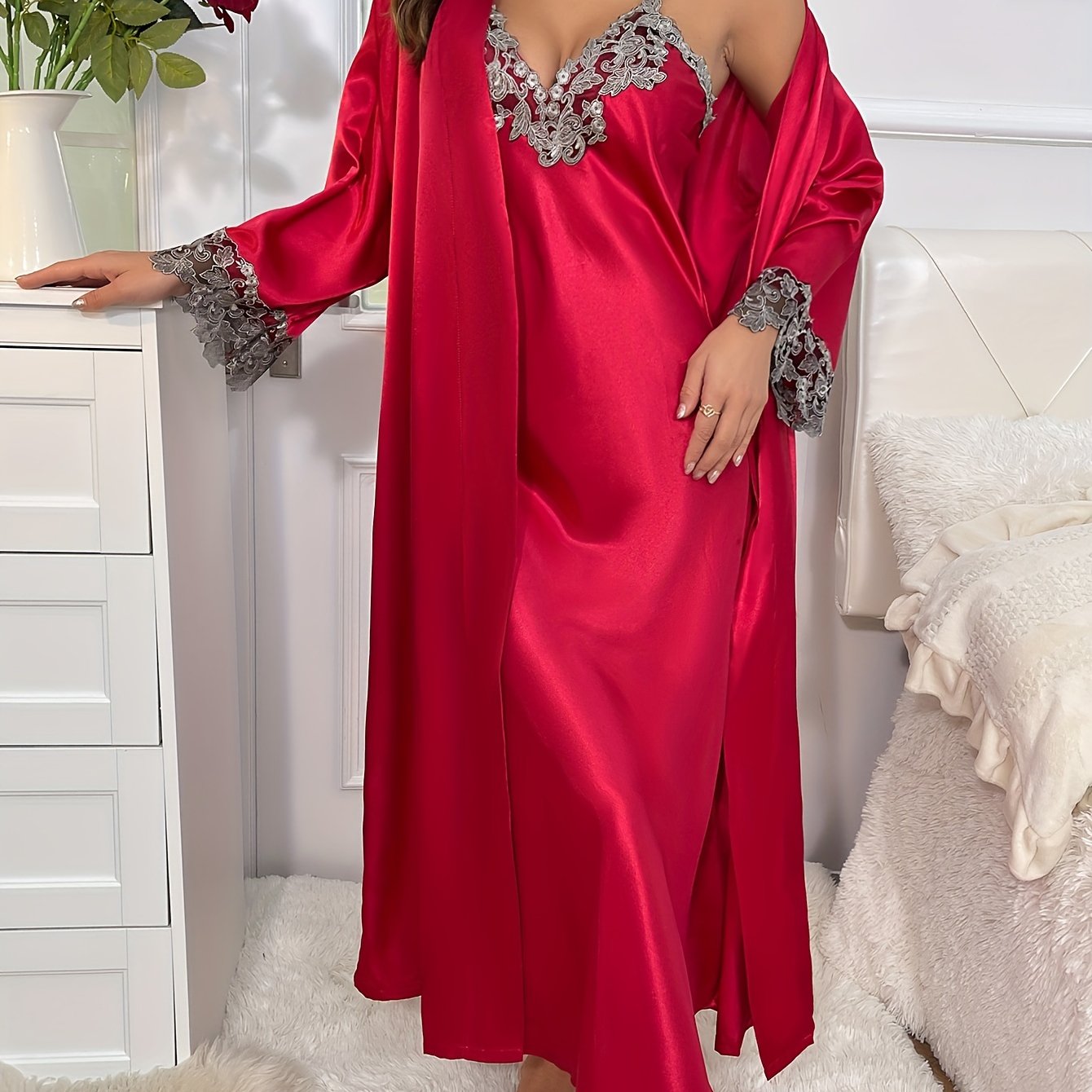 Lace Pajama Set with Robe & Slip Dress