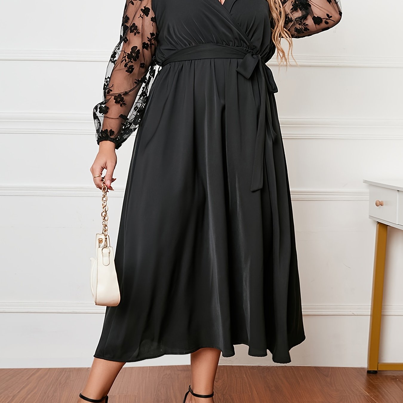 Mesh Lantern Sleeve Maxi Dress With Belt