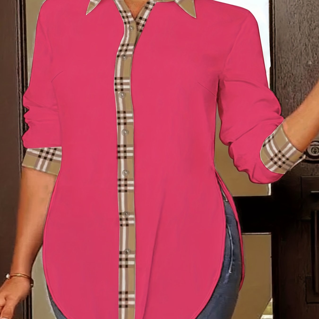 Colorblock Plaid Print Long Sleeve Button Up Lapel Collar Shirt