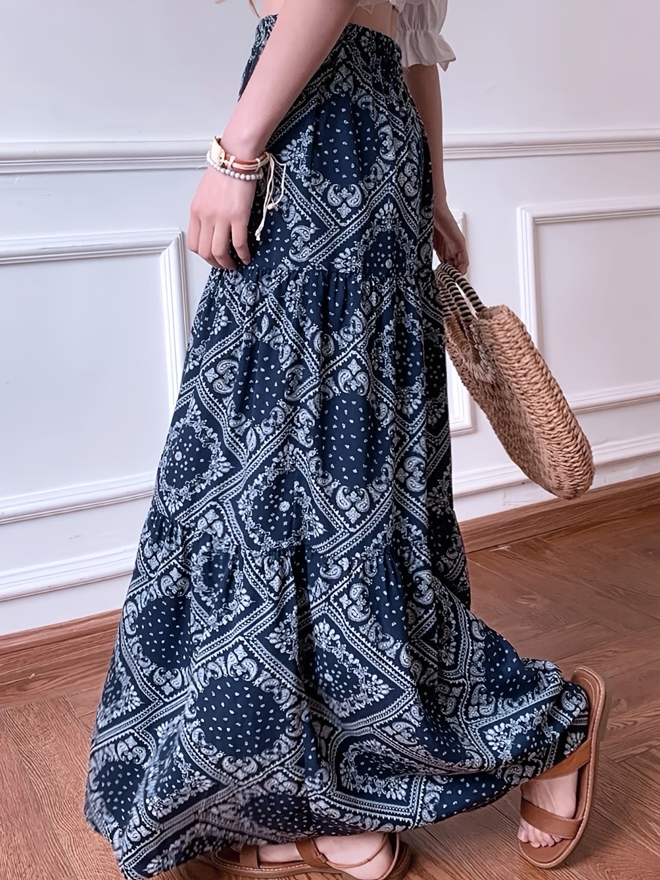 Boho Paisley Scarf Print Maxi Skirt High Waist Women's Clothing