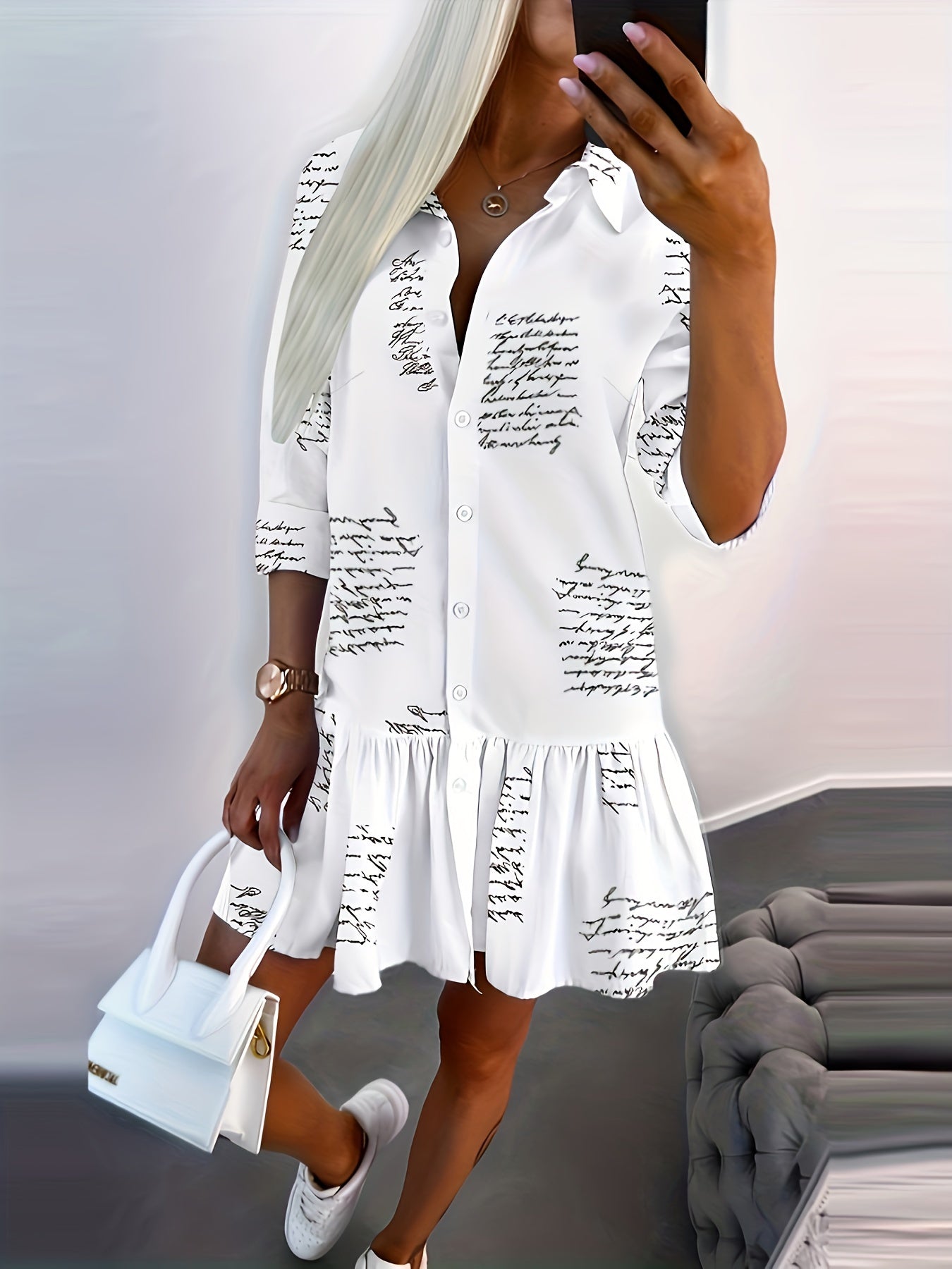 Women's Letter Print Long Sleeve Shirt Dress
