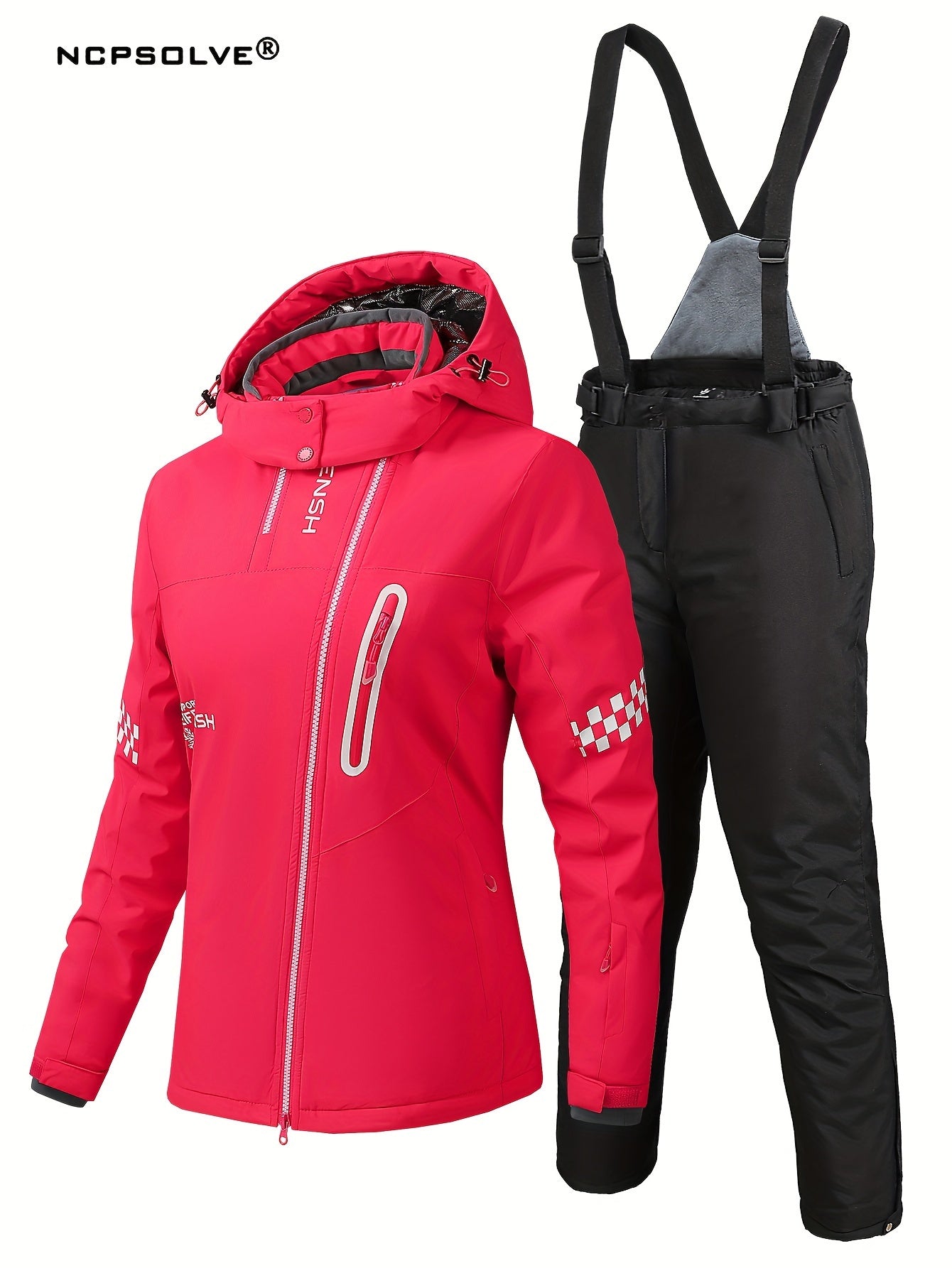 Windproof Checkerboard Ski Set Long Sleeves Jacket & Trouser Suit