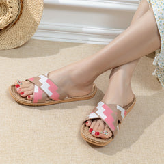 Crisscross Strap Linen Slides Colorblock Open Toe Slip On Flat Shoes