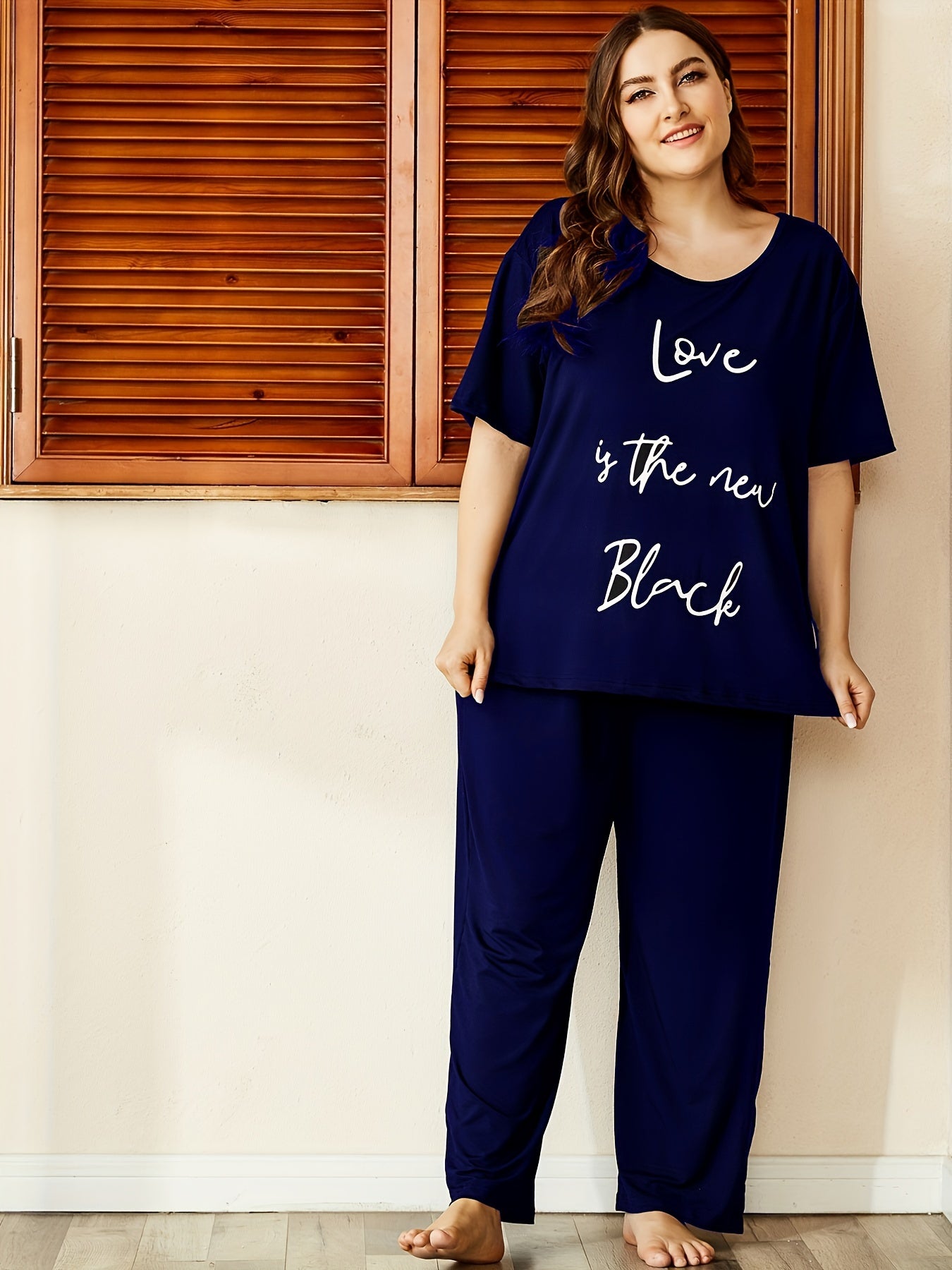 Letter Print Short Sleeve Top & Pants Pajamas Set