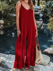 Solid V Neck Sleeveless Jumpsuit Wide Leg
