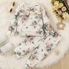 Baby Girl Boho Rose Flower Print Ruffle Top Pants Set