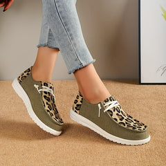 Leopard Printed Canvas Lace Up Loafers Low Top Sneakers