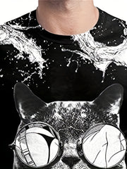 Vintage Cat Graphic T shirt for Men 3D Digital Print Crew Neck Tee