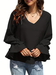 Plus Solid Lantern Sleeve Ruffle Trim V Neck Top