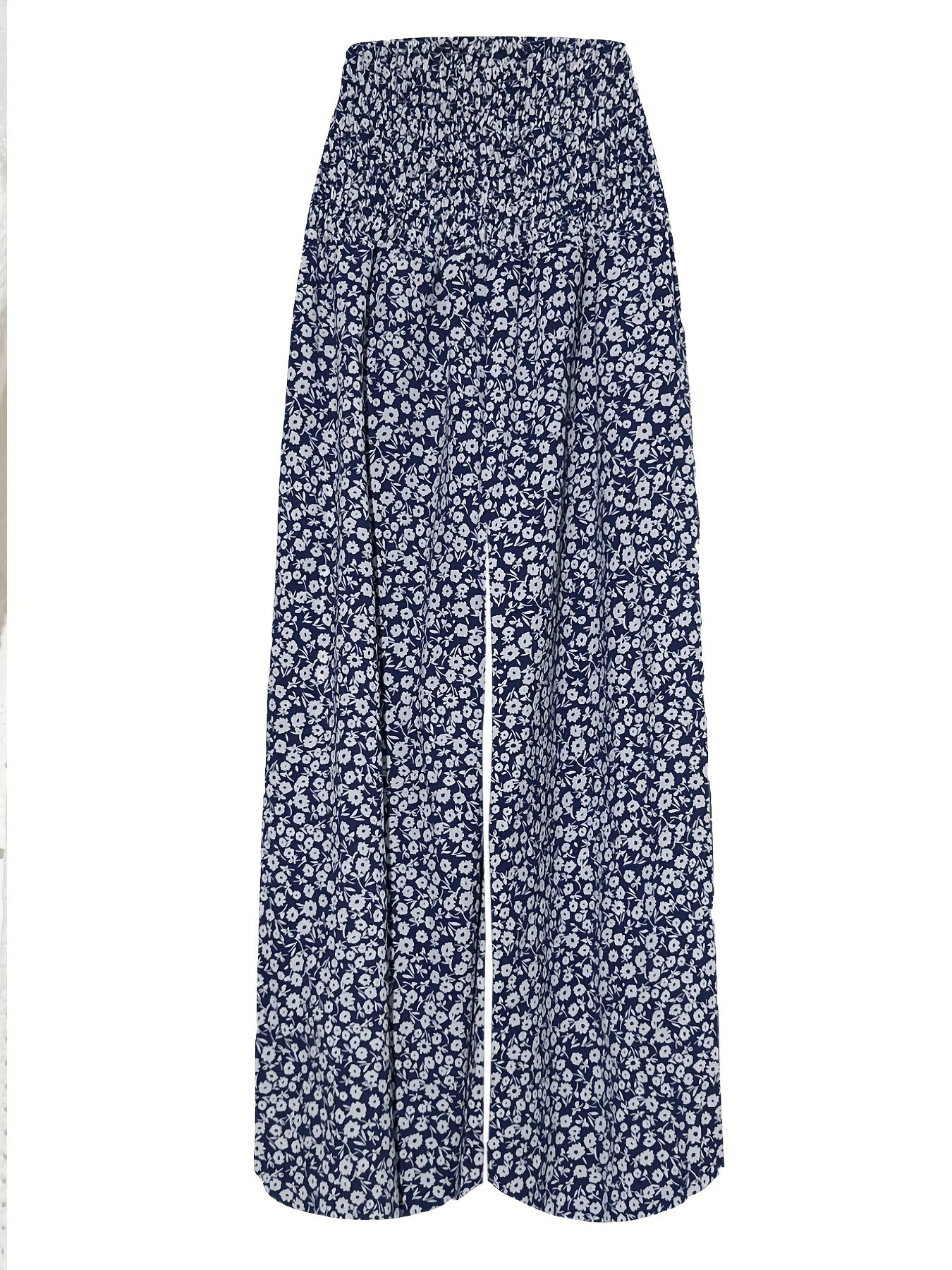 Floral Print Shirred Pants Wide Leg High Waist