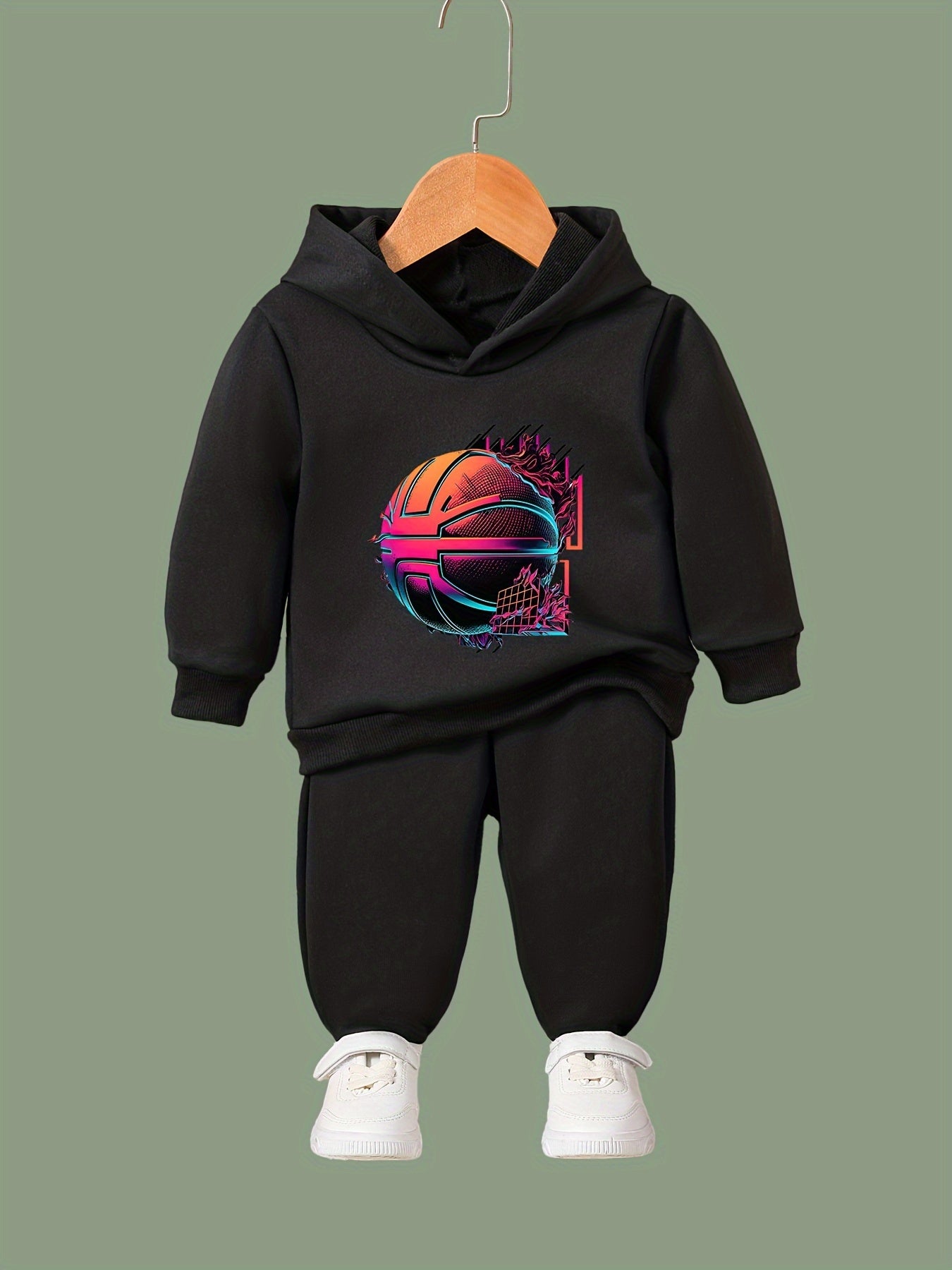 2pcs Basketball Print Outfits Girls Hoodies Jogger Pants Set For Girls Sports