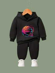 2pcs Basketball Print Outfits Girls Hoodies Jogger Pants Set For Girls Sports