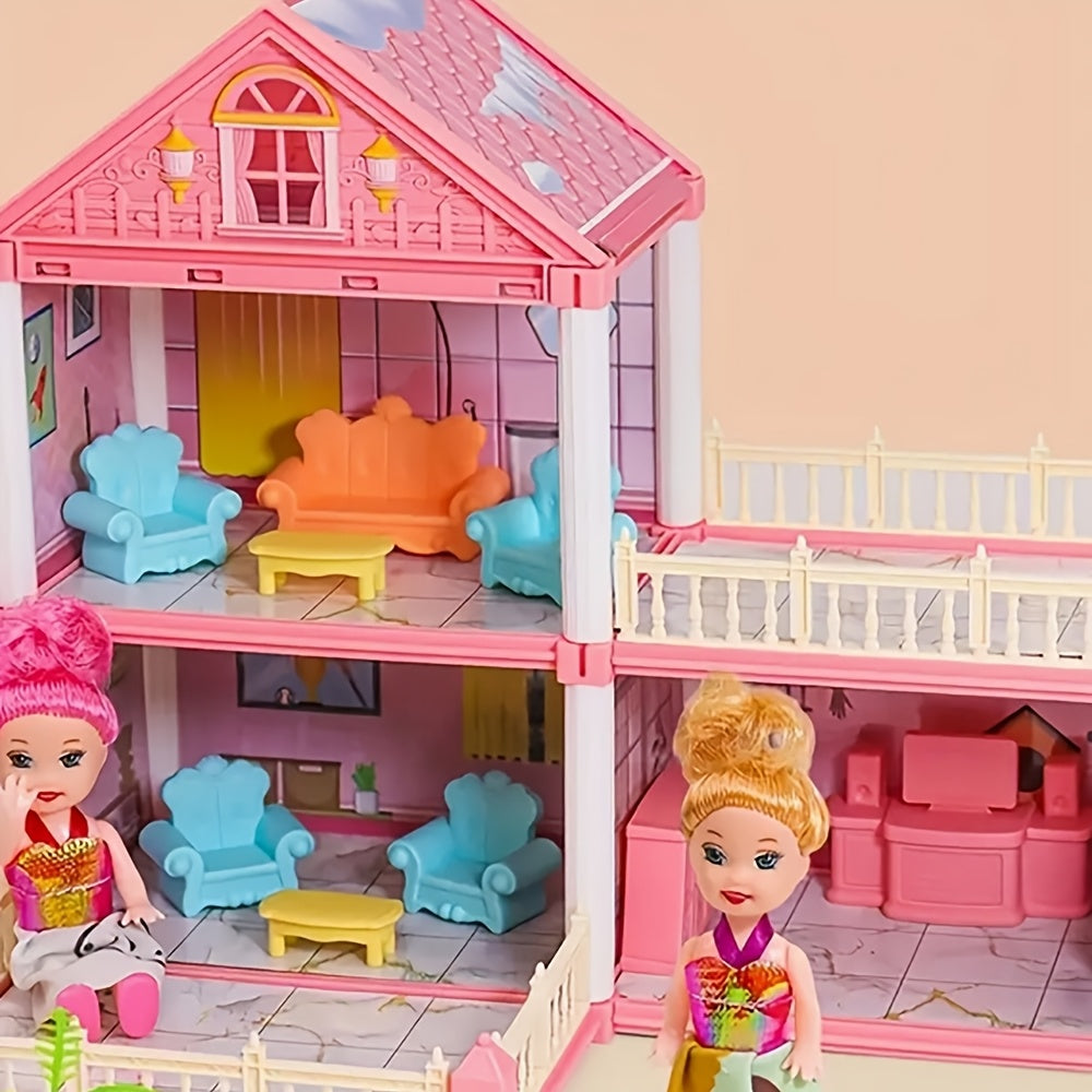 DIY Pink Doll House Playset with Doll Figures and Furniture
