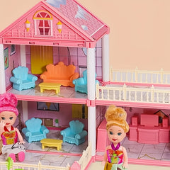 DIY Pink Doll House Playset with Doll Figures and Furniture