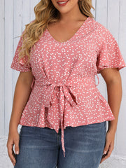 Heart Print Short Sleeve Peplum Top With Belt