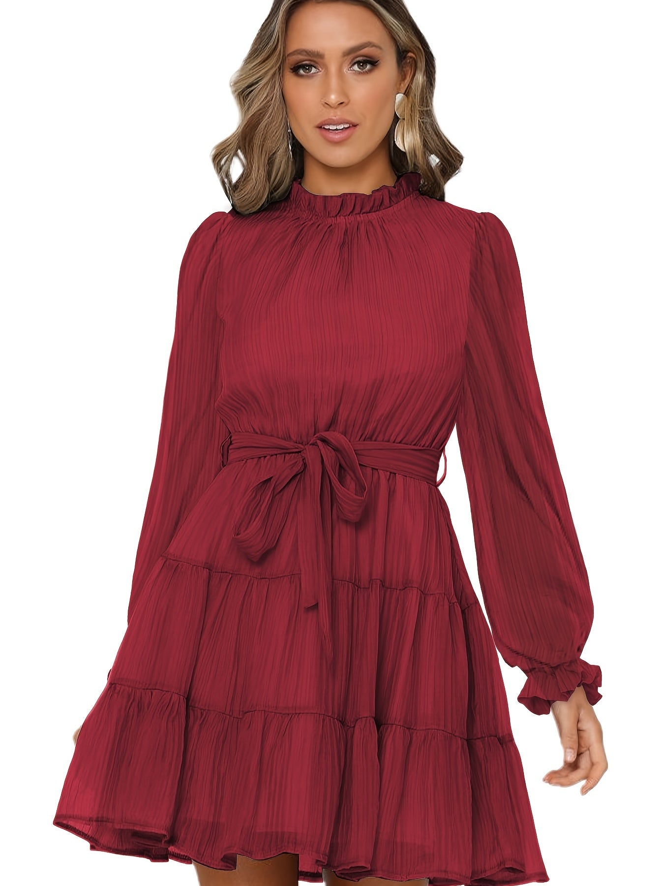 Ruffle Neck Belted Dress Long Sleeve Solid