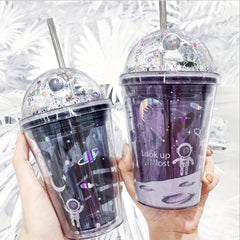 Space Cup 13oz Insulated Plastic with Lids Straws Hot Cold Drinks