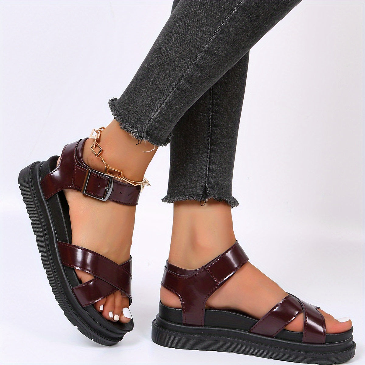 Women's Platform Cross Strap Sandals Ankle Buckle Strap Non Slip Shoes