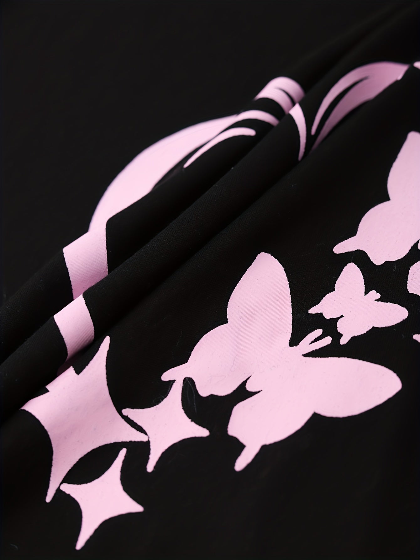 Heart & Butterfly Print Pajama Set Crew Neck Top & Elastic Waistband Pants