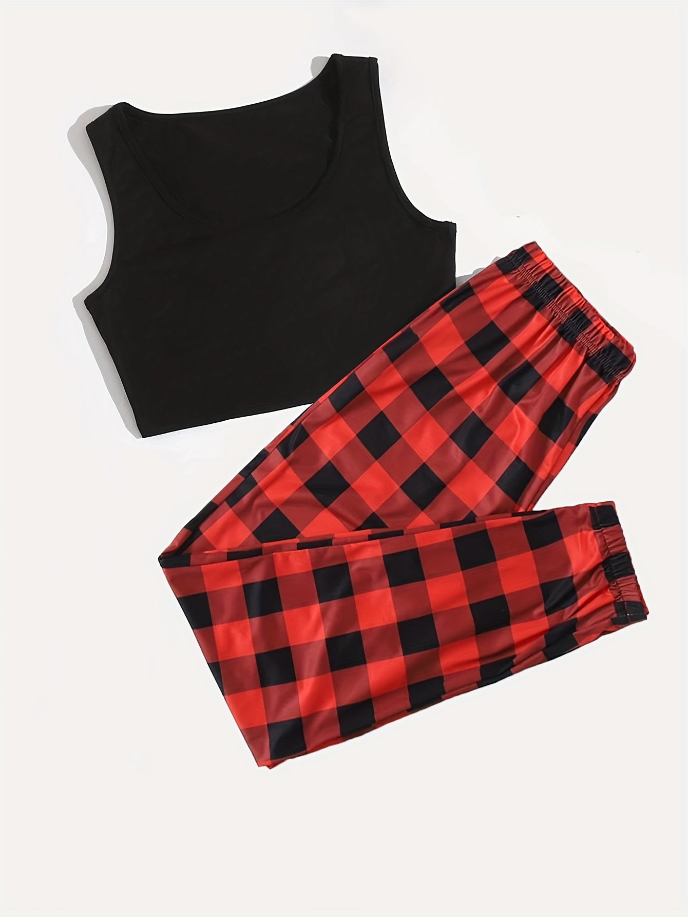 Plaid Print Pajama Set Sleeveless Top & Pants