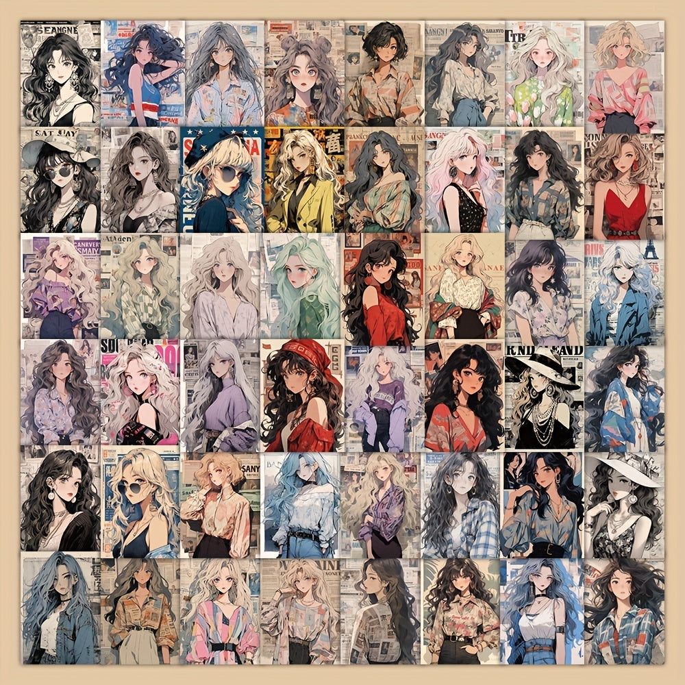 63pcs Retro Girl Cartoon Graffiti Stickers Waterproof Decorative Stickers