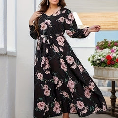Women's Plus Floral Maxi Dress Long Sleeve V Neck Belt