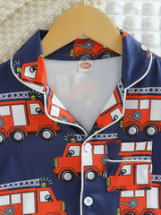 Boys Fire Truck Print Pajama Set Long Sleeve Button Front Loungewear
