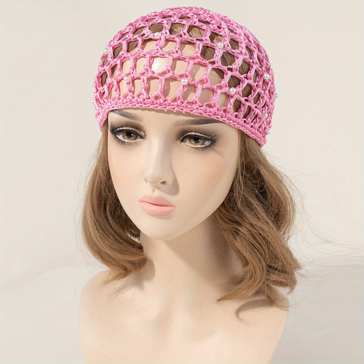 Faux Pearl Hair Net Snood for Women Hollow Crochet Turban Hat for Sleeping